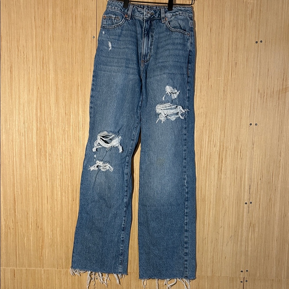 Garage Distressed Wide Leg Blue Jeans
